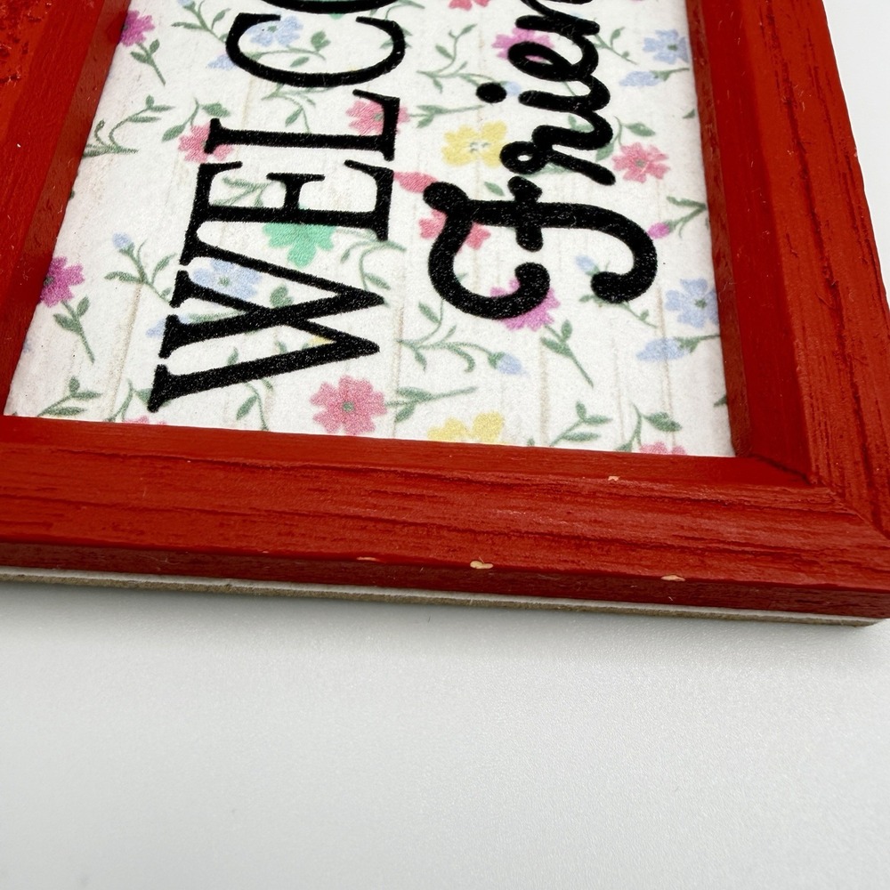 Rustic Welcome Friends Wooden Sign Floral Wall Decor Red Frame‎ Rope Hanging - Picture 9 of 10